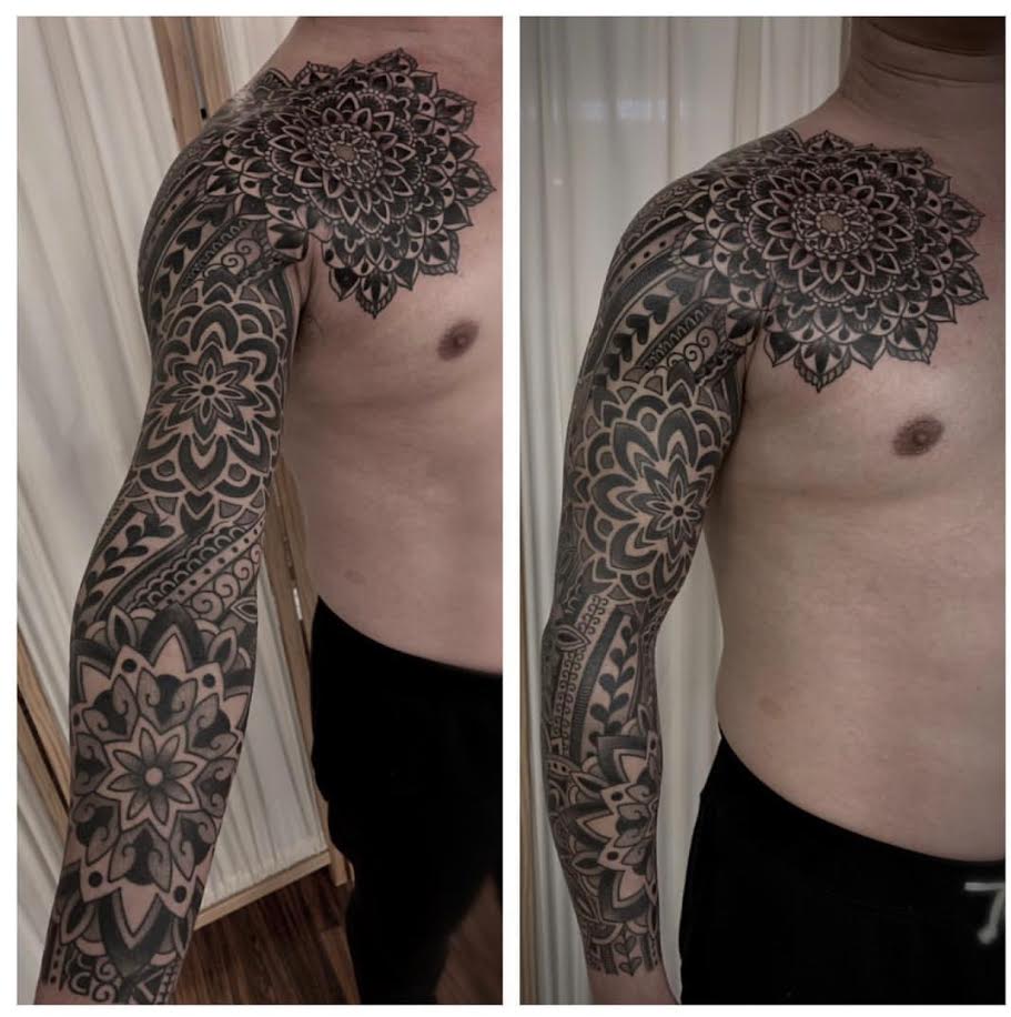 Two views of a black ornamental sleeve by Aaron Neiman
